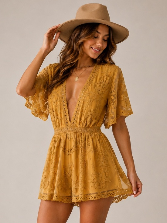 Pants - Mustard Lace Romper with Deep V
